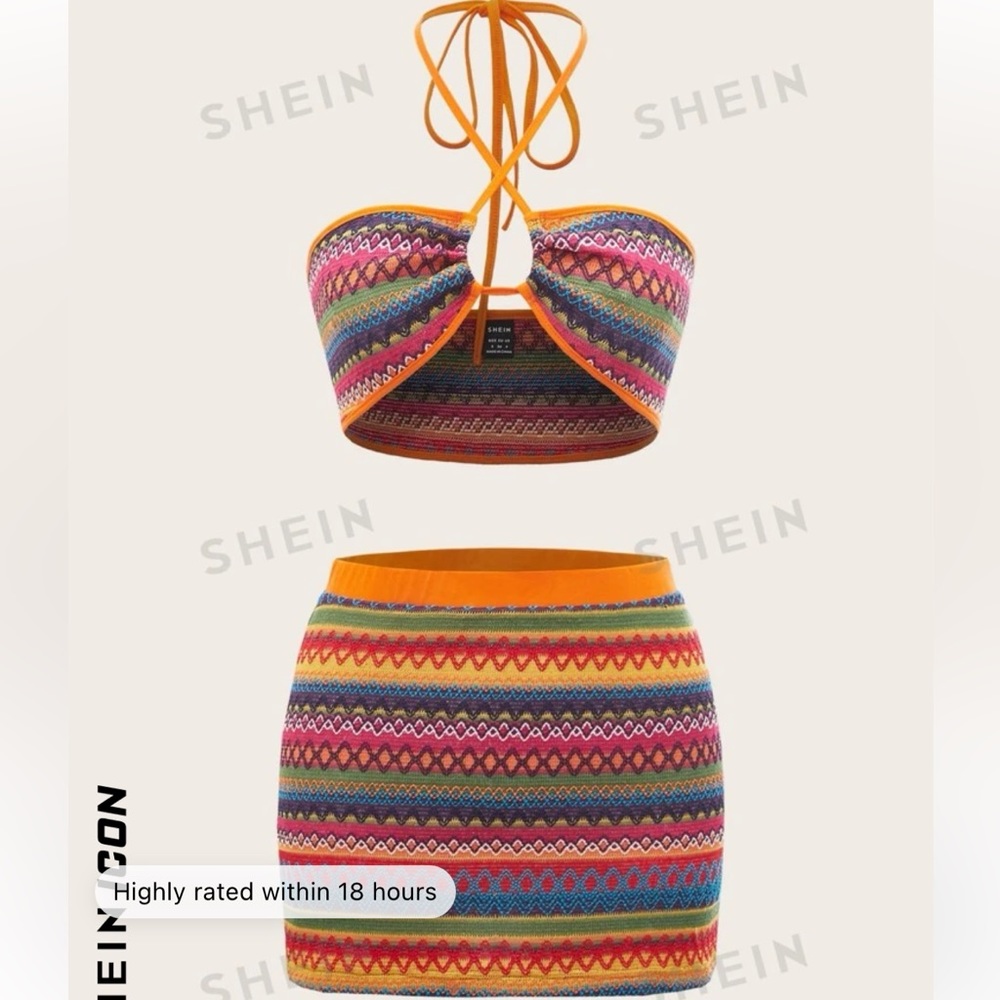 SHEIN ICON Geo Print Contrast Binding Tie Backless Crop Halter Top & Skirt Set